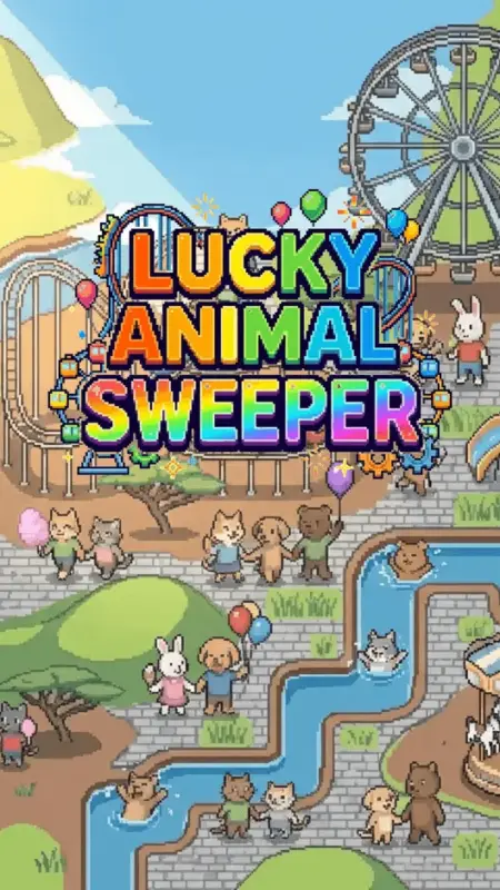 遊園地で動物たちが楽しそうに過ごすピクセルアート