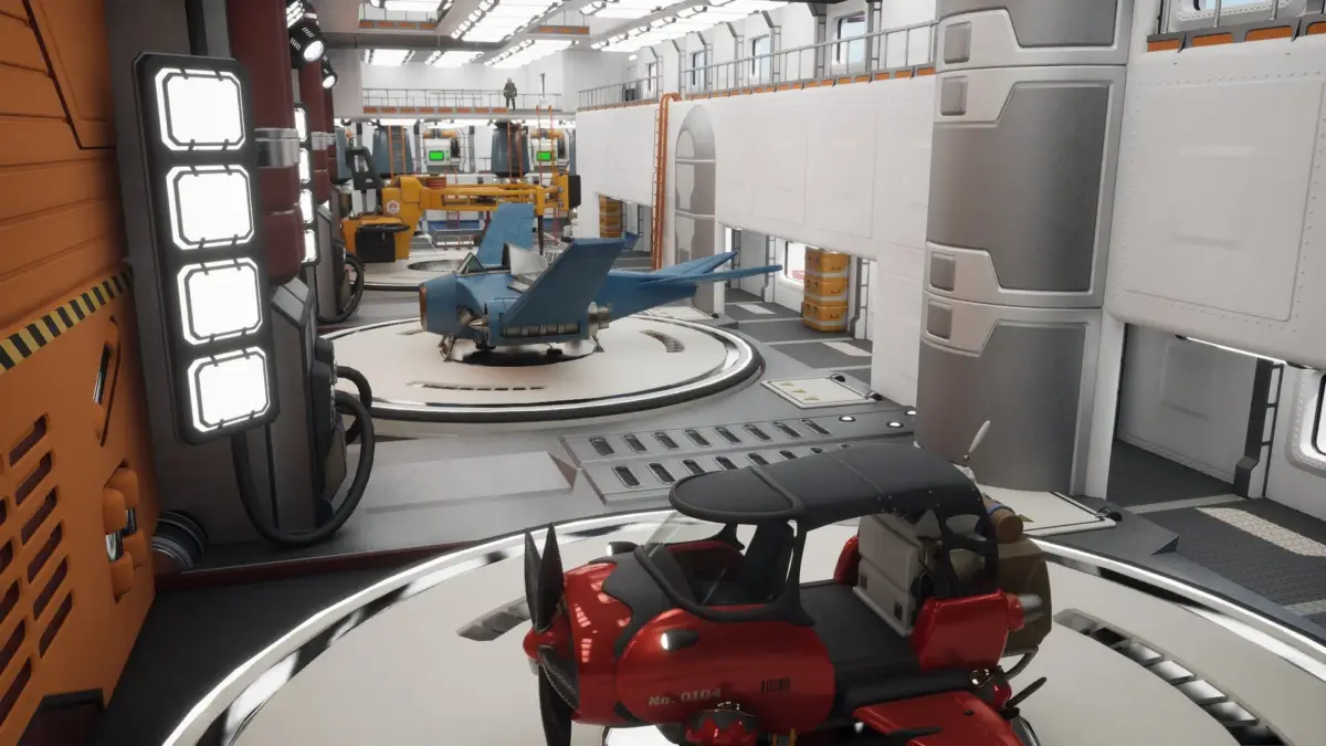 未来的な格納庫の内部で、赤と青の2機の個性的な航空機が展示されています