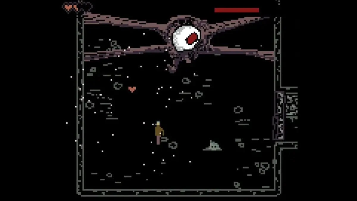 ゲーム画面:ボス戦、巨大な目を持つボス