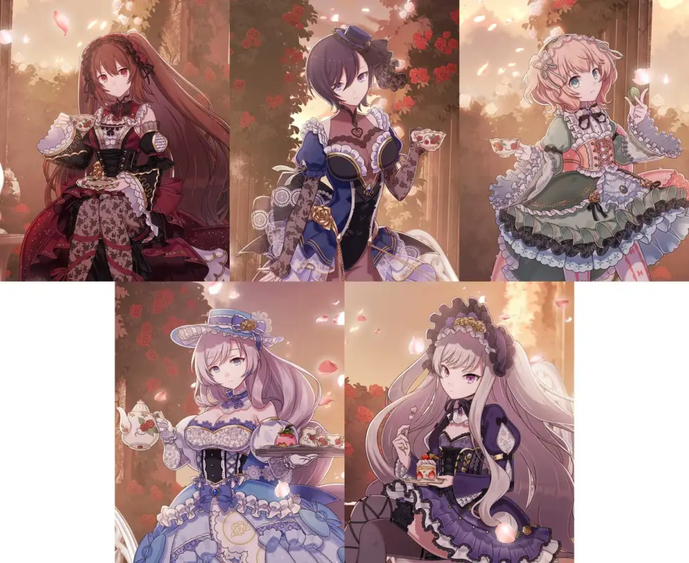 ロリータファッションに身を包んだ5人のアニメ風の少女たちが、薔薇咲く庭園でお茶とデザートを楽しむ優雅で幻想的な情景。舞い散る花びらが夢のような雰囲気を醸し出している。