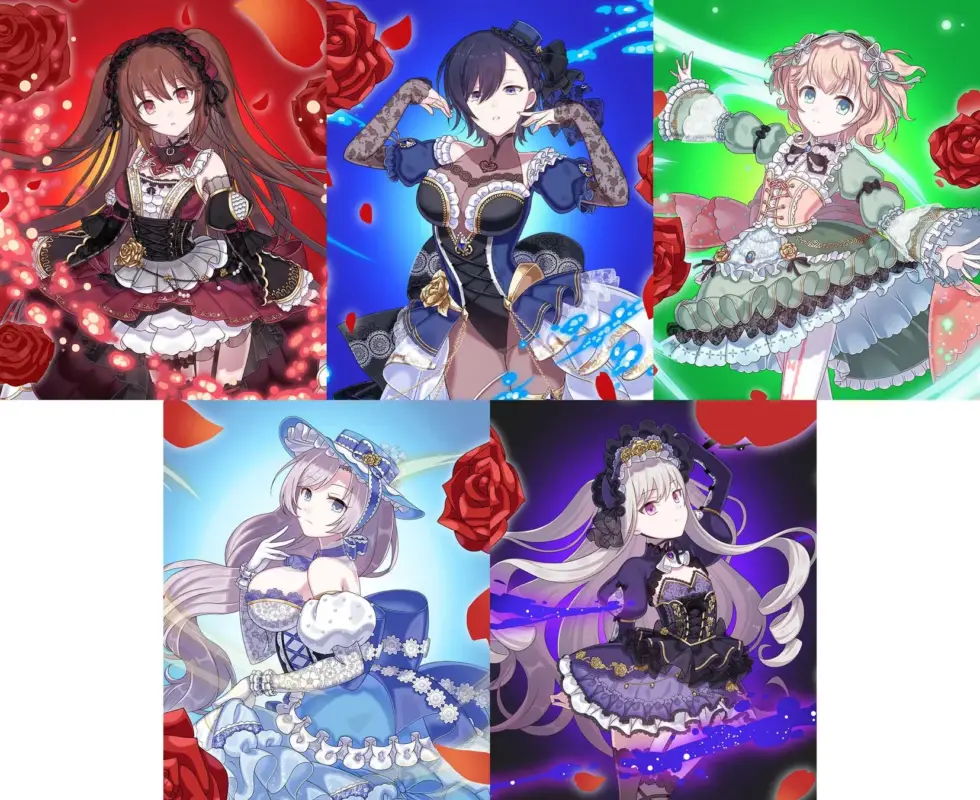 異なる色を背景に、華やかなドレスをまとった5人のアニメ調の少女たちが描かれています。バラの花びらと魔法のような光が舞う、幻想的なイラストです。