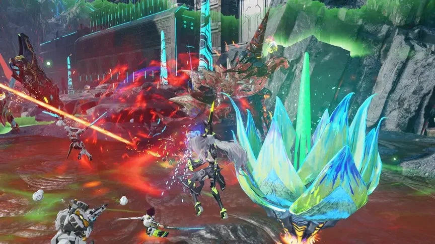 SF系のビデオゲームにおける激しい戦闘シーンです。未来的な装備を身につけた複数のキャラクターが、巨大なモンスターと戦っており、鮮やかなエネルギーエフェクトと光る異星の環境が特徴的です。