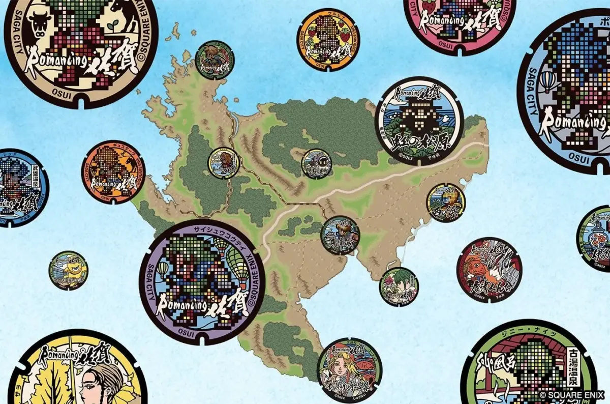 地図上に配置されたロマンシングサガのキャラクターマンホール