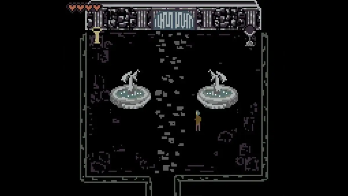 ゲーム画面:ダンジョン、噴水、キャラクター、体力バー