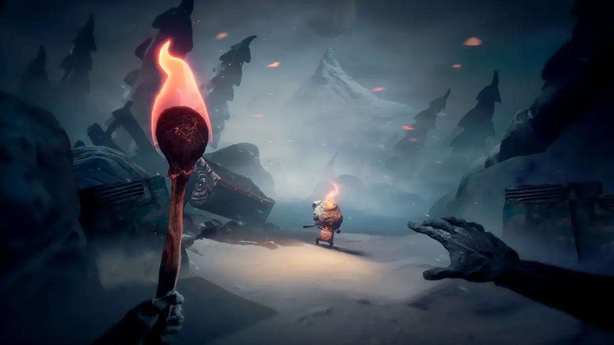 暗く雪に覆われた幻想的な世界で、手持ちのトーチが道を照らしています。遠くには小さなキャラクターもトーチを持って立っており、神秘的な冒険の雰囲気です。