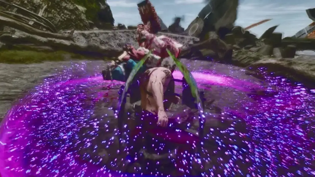 紫色の魔法のようなエフェクトと緑色の光に包まれたクリーチャーが激しい戦闘を行っているような場面