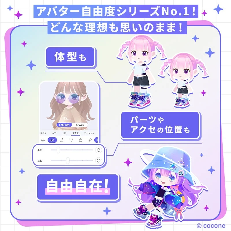 アバター自由度シリーズNo.1として、体型やアクセサリーの位置を自由にカスタマイズできる機能を紹介。可愛らしいアバターを使って、ユーザーが理想のキャラクターを思い通りに作成できることをアピールしています。