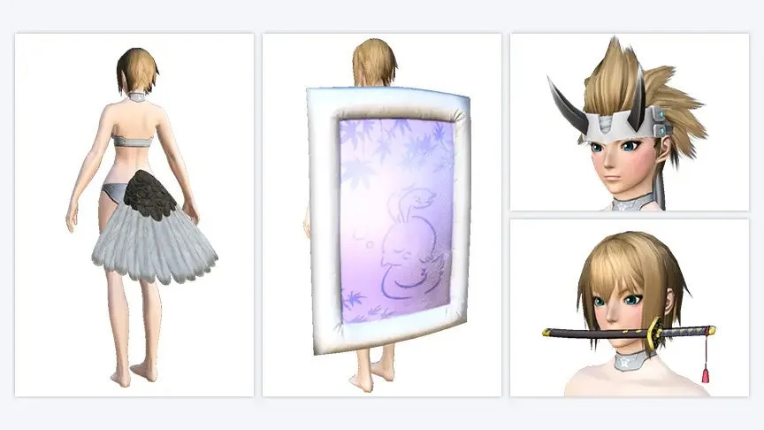 ゲームキャラクターのカスタマイズオプションを紹介する画像です。羽の尻尾、和風のウサギ柄アイテム、角付きのヘッドギア、刀をくわえた姿など、多様な装備やスタイルが示されています。