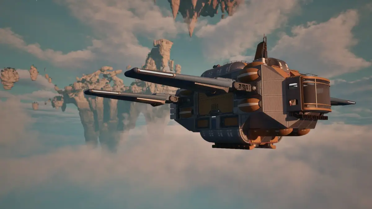 雲海の上を航行する未来的な宇宙船が、背景に広がる幻想的な浮島群と共に描かれたSF調の風景