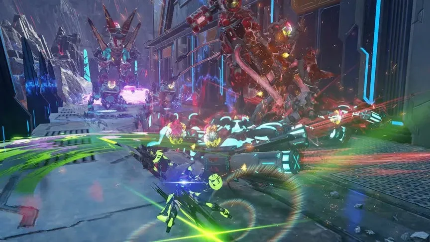未来的な世界観のビデオゲームの戦闘シーンです。プレイヤーらしきメカが、巨大なロボットや敵と激しいバトルを繰り広げています。ネオンカラーのエフェクトが目を引きます。