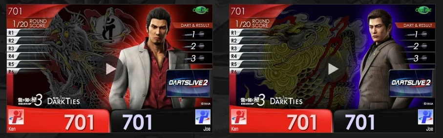 龍が如くのキャラクターが登場するダーツライブ2のプレイ画面