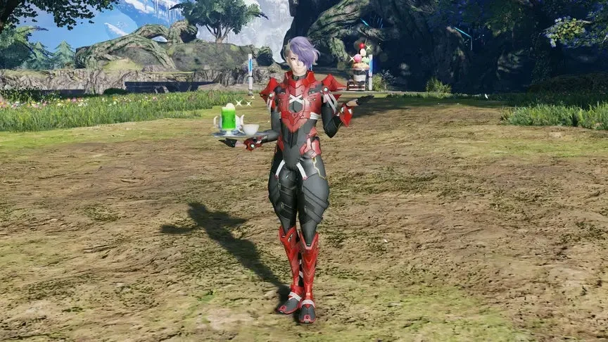 SF風の赤いスーツを着た紫髪のキャラクターが、自然豊かな屋外フィールドでトレーに載せた緑色の飲み物とカップを運んでいる。背景には大きなデザートのようなオブジェが見える、ゲームのスクリーンショット。