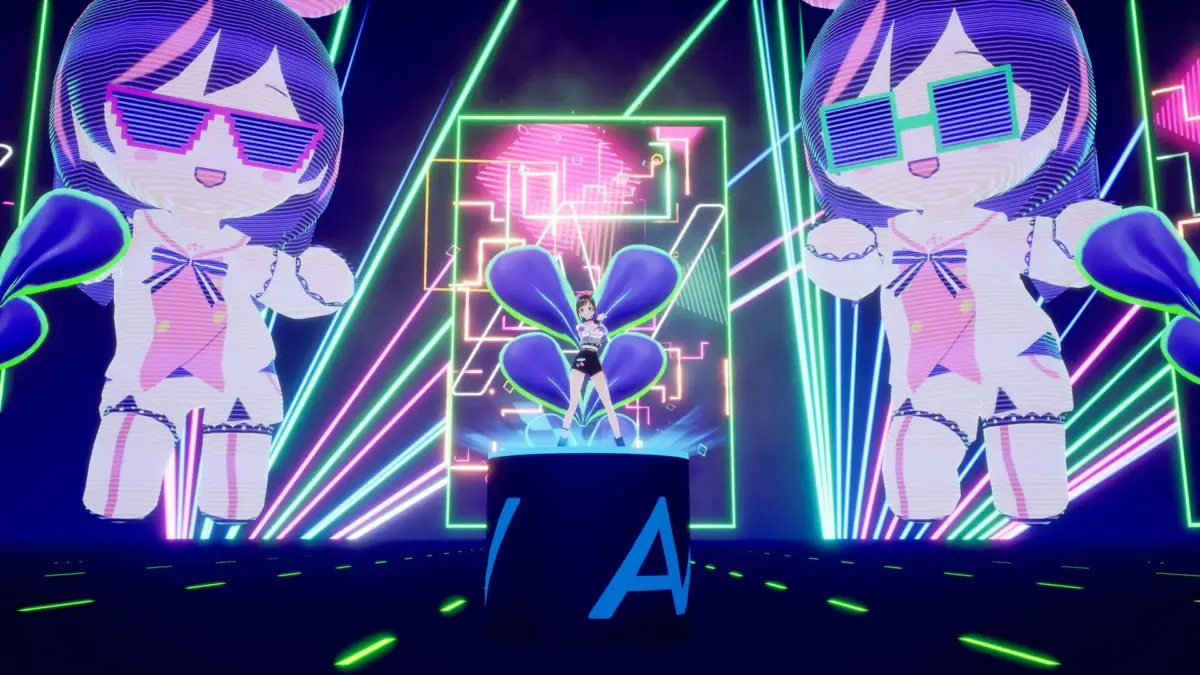 ネオンライトが輝くサイバーパンクなステージでパフォーマンスを披露するキャラクター