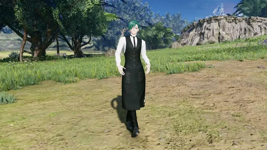 緑色の髪の男性キャラクターが、執事のような服装で自然豊かな屋外に立っています。背景には青々とした木々、広がる草原、そして岩山が見え、穏やかな雰囲気を醸し出しています。