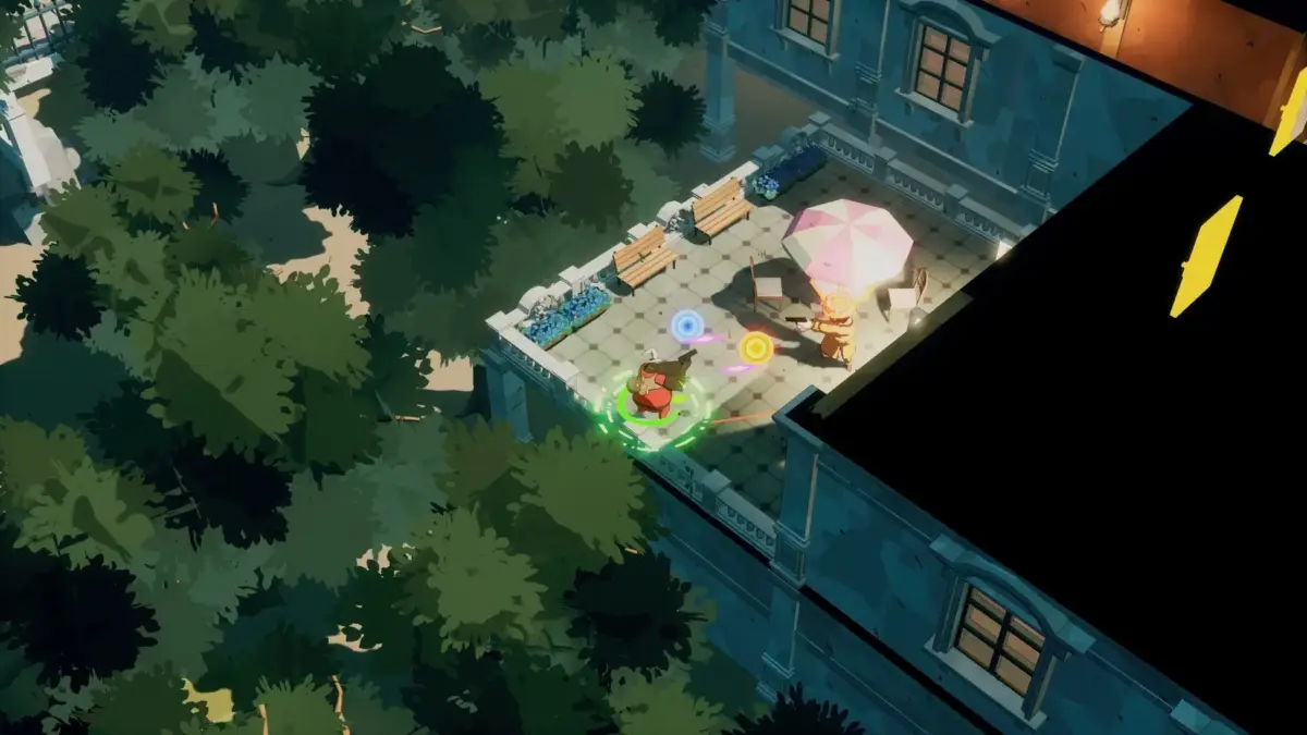 森に囲まれた建物のテラスで、二人のキャラクターが対峙しているアイソメトリック視点のゲーム画面。ピンクのパラソルやベンチも配置されている。