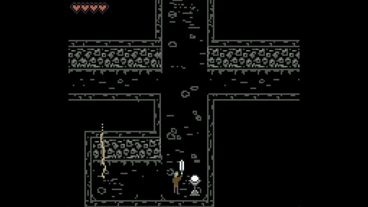 ゲーム画面:ダンジョン、剣、キャラクター、ライフゲージ