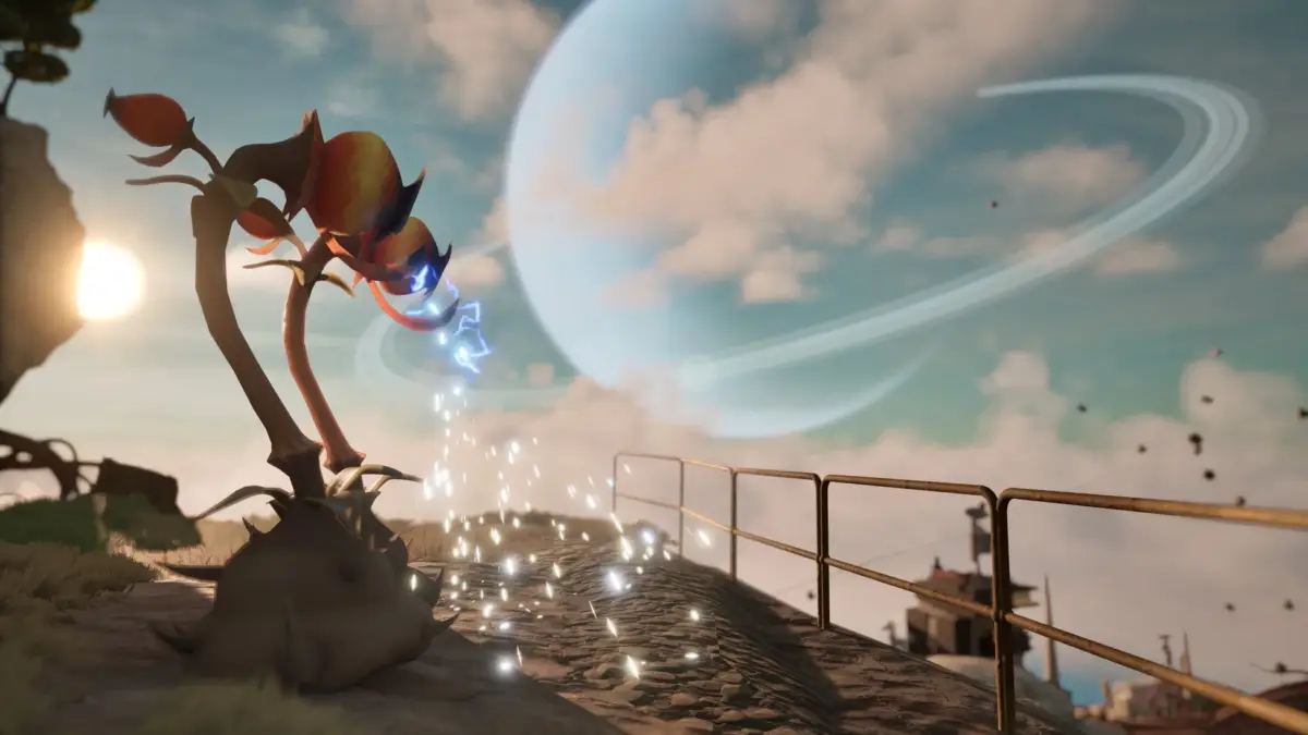 幻想的な植物が雷光を放ち、スパークが舞う異世界の風景