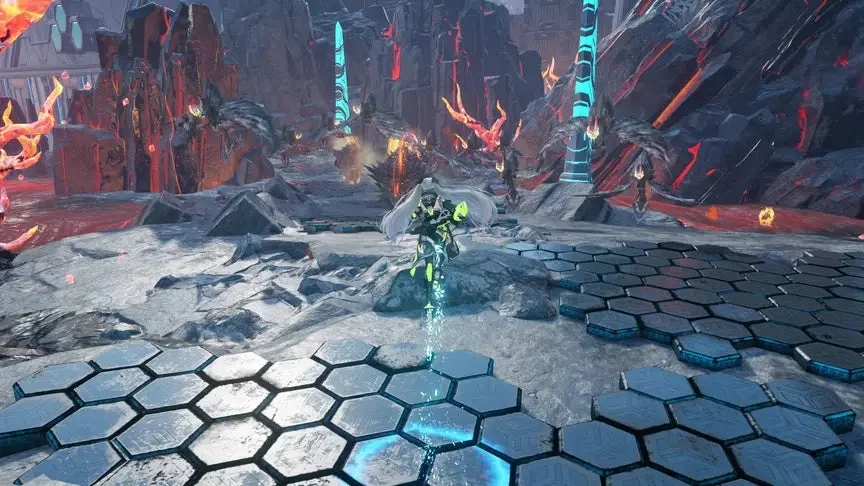 未来的な荒廃した惑星を舞台にしたゲームのスクリーンショット。白い長髪のキャラクターが、溶岩のような赤い光を放つ岩山と青く光る柱に囲まれた六角形の足場の上に立っている。