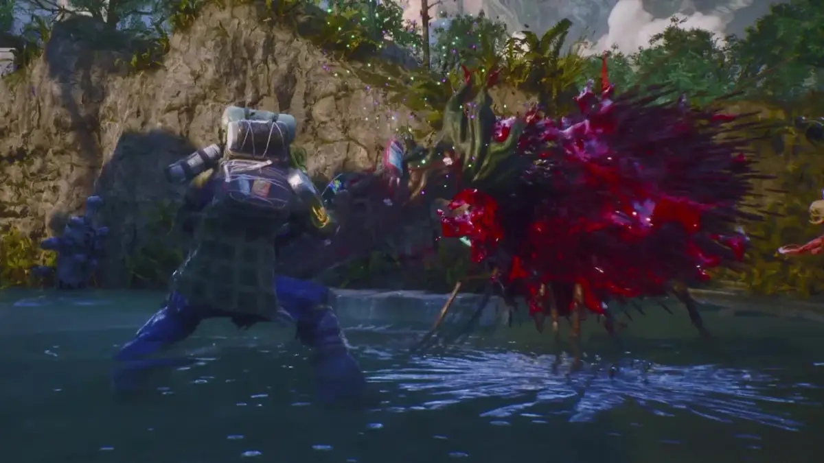 水辺で戦闘中のビデオゲームのシーン