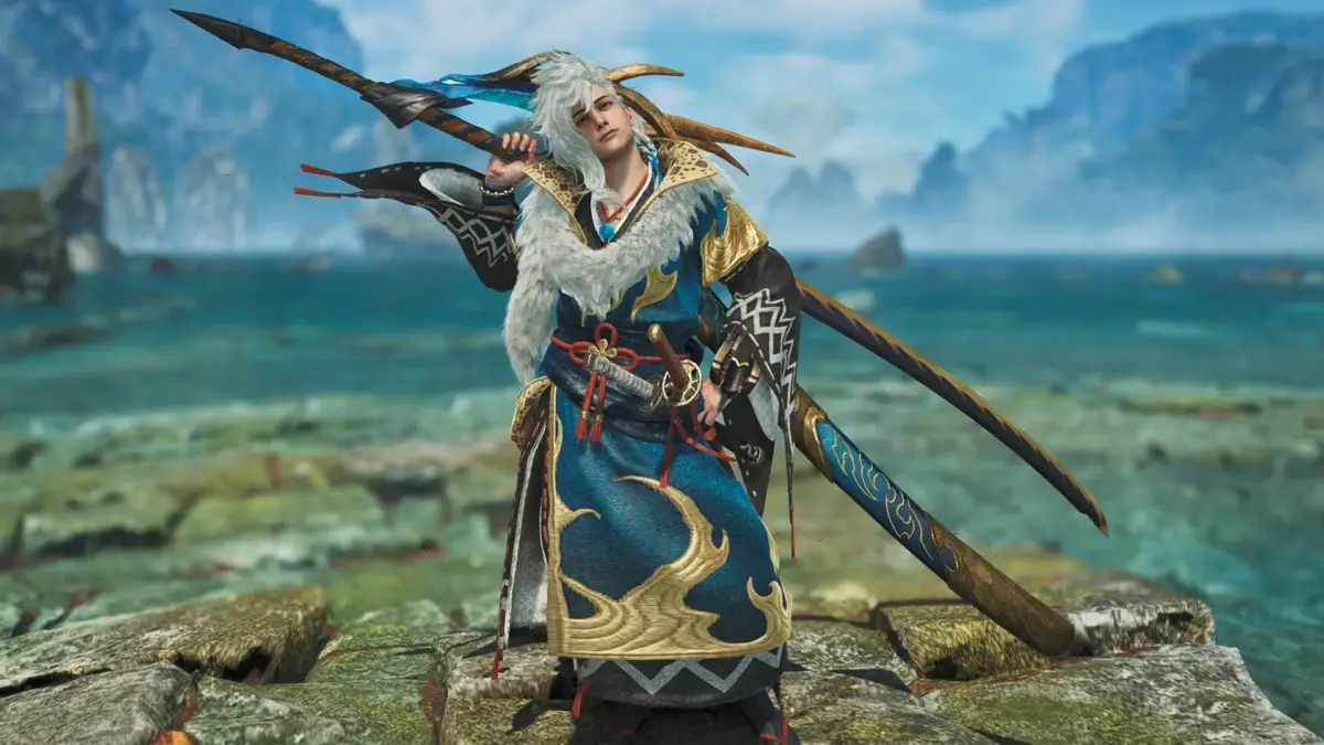 和風の豪華な衣装と特徴的な武器を身につけた白髪の男性キャラクター