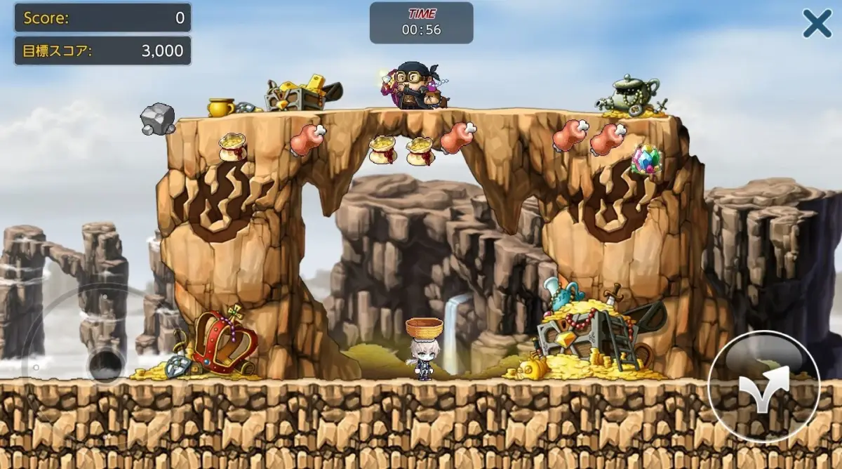 ゲーム、モバイルゲーム、プラットフォーム、キャラクター、メイプルストーリー、宝物、ゴールド、アイテム、スコア、時間、ファンタジー、アドベンチャー、横スクロール