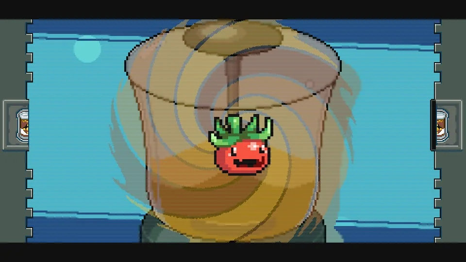 ブレンダーの中で回転するイチゴのようなキャラクター