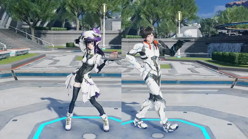 未来的な都市公園のような場所で、SF風の衣装をまとった男女2人のキャラクターがポーズを取っています。女性はケーキを乗せたトレイを持っています。