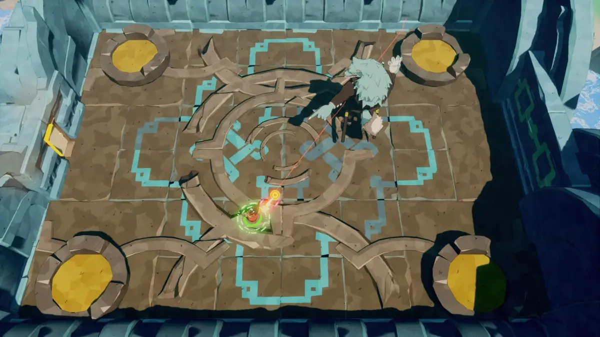 ゲームのような上空視点のアクションシーン。青い髪のキャラクターが、古代遺跡のような床で魔法のような攻撃を繰り出している。床には青い発光する模様と、四隅に黄色の円形のポイントが見える。スタイリッシュなグラフィックが特徴的です。