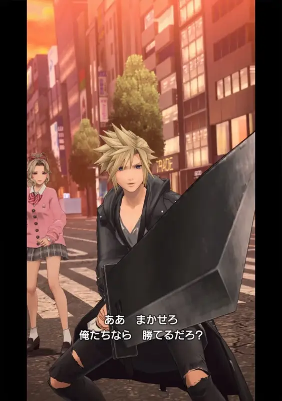 クラウドと女性キャラクターが街中にいるシーン