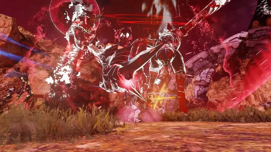 巨大なメカが激しい戦闘を繰り広げているSFアクションゲームのワンシーン。赤く輝くエネルギーと爆発エフェクトが迫力満点で、広大な荒野を舞台にした激戦の様子が描かれている。