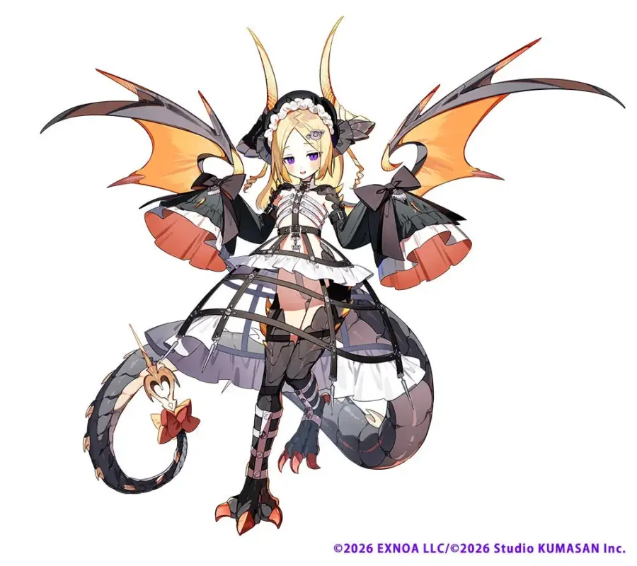 金髪と紫の瞳を持つ、ドラゴンの翼、角、尻尾が特徴のファンタジーキャラクターです。ゴシック調の黒と白のフリルとストラップ付き衣装を身につけており、可愛らしくもダークな雰囲気を醸し出しています。