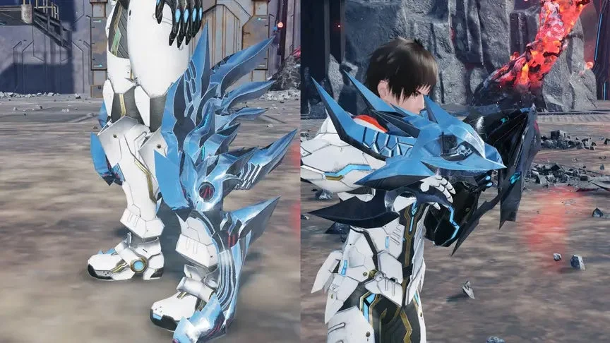 未来的な白いアーマーを身に着けたキャラクターのクローズアップ画像。肩や腕には青く鋭い装飾が施されており、SFゲームのような世界観が表現されている。背景には荒廃したような環境が見える。