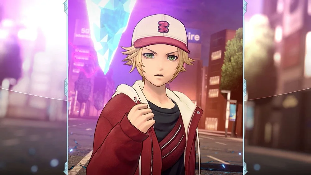 赤色のパーカーとキャップを着用したアニメ調の少年