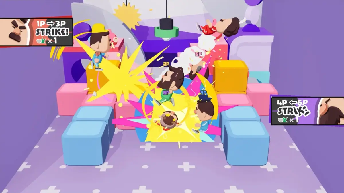 カラフルなブロックが配置された空間で、複数の可愛いキャラクターが乱闘するゲーム画面。中央に大きな爆発エフェクトがあり、キャラクターたちが互いに攻撃。左上と右下には「STRIKE!」の表示があり、賑やかでコミカルなアクションパーティーゲームの一場面です。