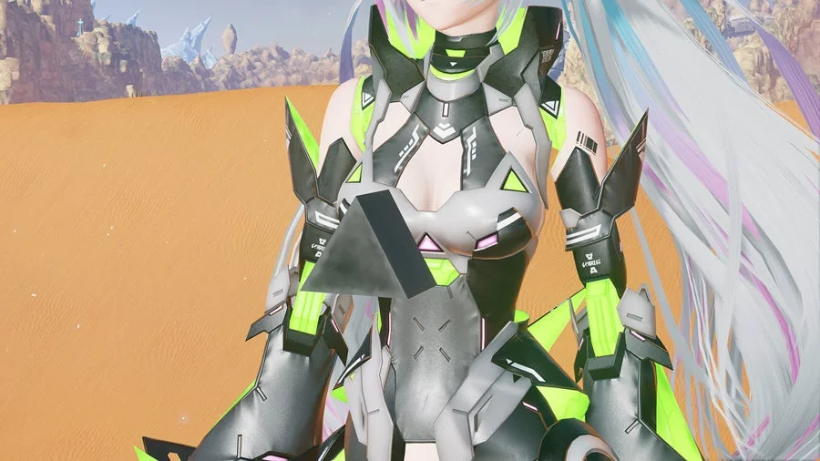 未来的なデザインのアーマーを身につけた女性キャラクターの上半身が写っています。黒と蛍光グリーンのメカニカルな装甲が特徴で、背景には広大な砂漠と奇妙な岩山が見えます。
