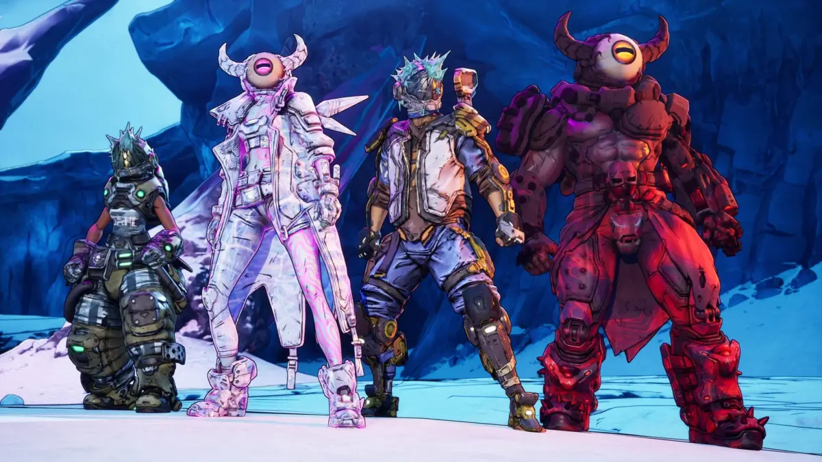 雪と氷に覆われた幻想的な背景を背に、個性的なデザインのアーマーを身につけた4人のキャラクターが立つビデオゲームのスクリーンショットです。セルルック調のグラフィックが特徴的です。