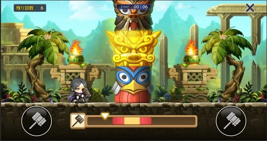ゲーム、モバイルゲーム、メイプルストーリー、キャラクター、トーテムポール、ハンマー、ジャングル、遺跡、UI、アクションゲーム