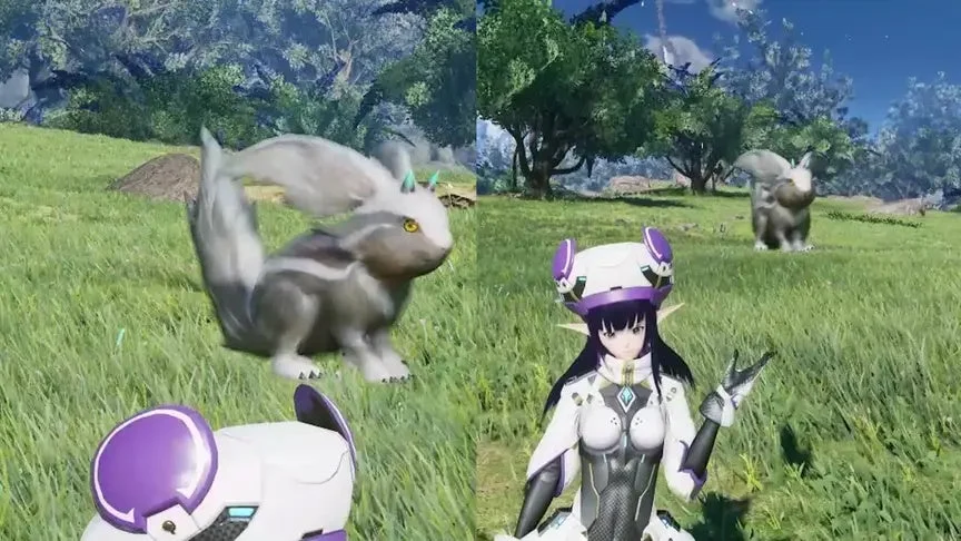 緑豊かな草原に、未来的な衣装をまとったエルフ耳の女性キャラクターが立っています。その周りには、ウサギとリスを合わせたような可愛らしい獣が2匹おり、ゲームのフィールド探索のような情景が描かれています。