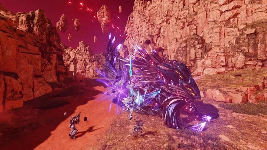 赤い空と浮遊岩が広がる異世界の荒野で、兵士たちが巨大なスパイク状のモンスターと激しい戦闘を繰り広げている。紫色のエネルギーが飛び交う、SFアクションゲームのような緊迫したバトルシーン。