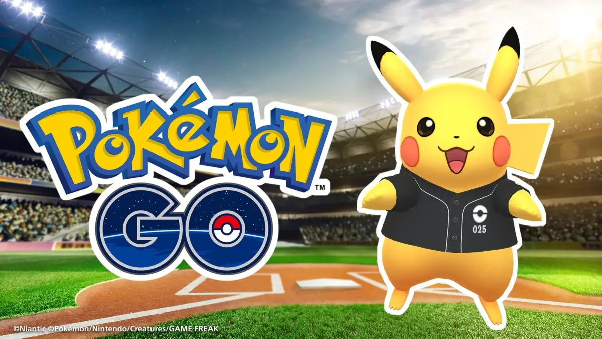 ポケモンGOのロゴと野球ユニフォームを着たピカチュウ