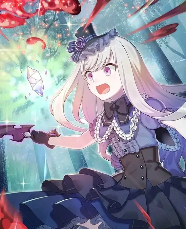 ゴスロリ風の衣装をまとった銀髪の少女が、光るクリスタルと赤いエフェクトが舞う中で、何かを叫びながら武器を構えているイラスト。ファンタジーな世界観で、魔法や戦闘の瞬間を描写しているように見えます。