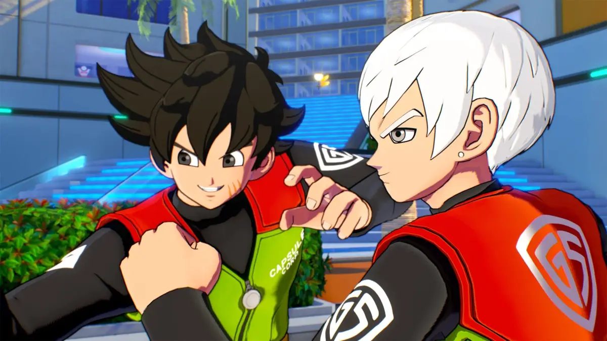 アニメ風の男性キャラクター2人が屋外で向き合っている