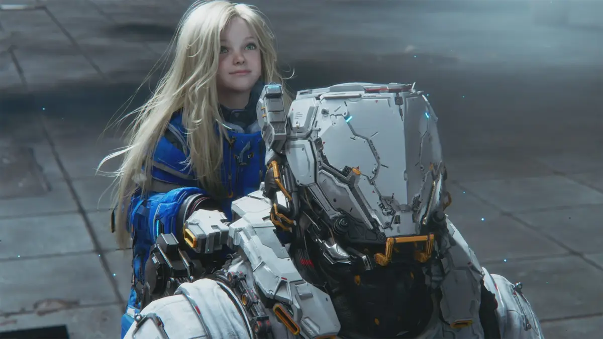 少女がロボットに乗る