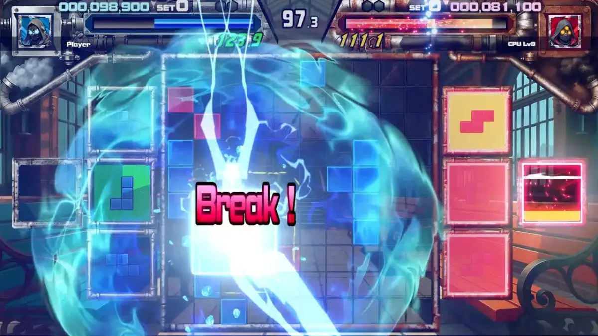 テトリスに似たブロックパズル対戦ゲームのゲームプレイ画面。中央に「Break!」の文字と青い特殊効果が表示されており、プレイヤーとCPUのスコア、残り時間、そしてキャラクターのアイコンが確認できる。