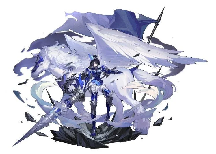 青と白の鎧を身につけた女性の戦士が、白い翼を持つ巨大な馬（ペガサス）の横に立つファンタジーアートワーク