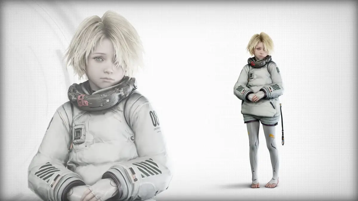 ブロンドの髪の少女が未来的な白い服を着て立つ画像