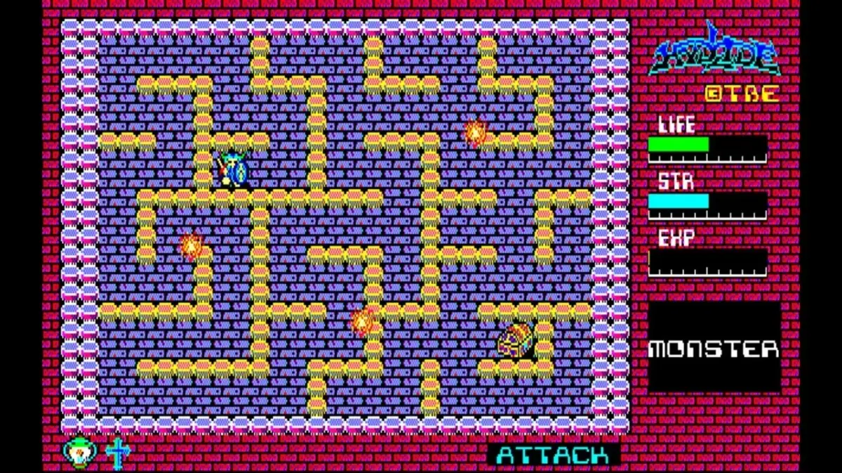 レトロなドット絵で描かれた迷宮探索型ゲームのプレイ画面です。プレイヤーキャラクターが敵と対峙しており、体力やステータスが表示されています。