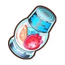 透明な容器の中に、赤い顔つきのハート、オレンジ色の半月状の物体、そして青いキューブが入っている、未来的なデザインのアイテムです。