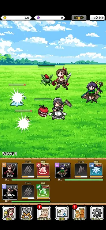 ピクセルアートのモバイルゲームの戦闘シーン