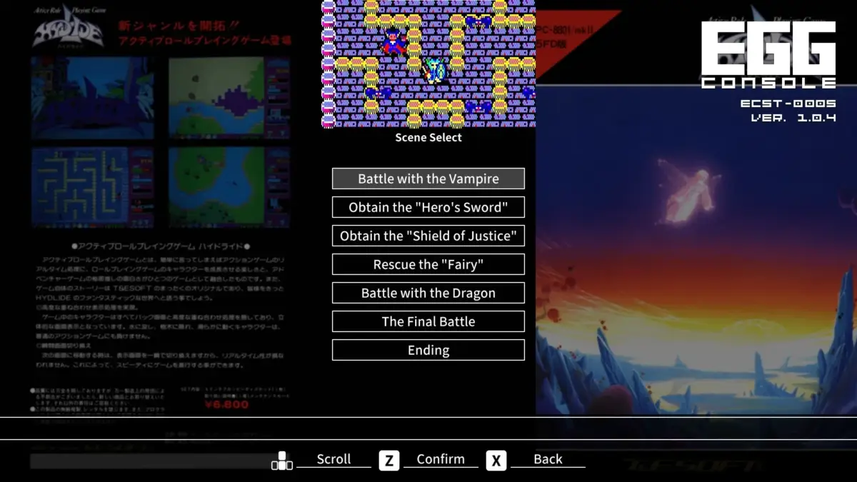 EGG CONSOLE版「ハイドライド」のゲーム画面で、シーン選択メニューが表示されています。ヴァンパイアやドラゴンとの戦闘、アイテム獲得、妖精の救出といったクエストが並び、ゲームの概要や価格（¥6,800）も記載されたレトロなRPGのインターフェースです。